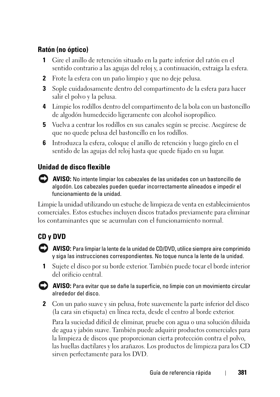 Ratón (no óptico), Unidad de disco flexible, Cd y dvd | Dell Precision T3400 (Late 2007) User Manual | Page 381 / 422