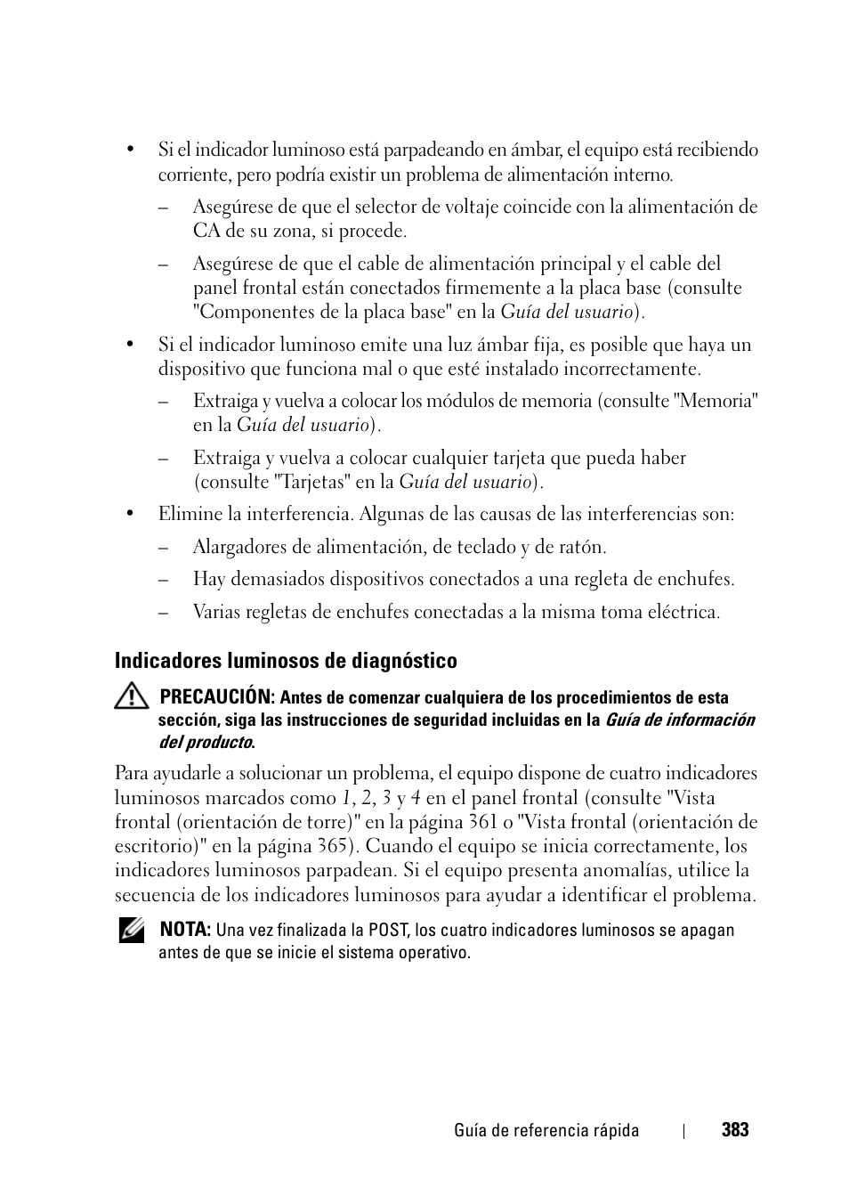 Indicadores luminosos de diagnóstico | Dell Precision T3400 (Late 2007) User Manual | Page 383 / 422