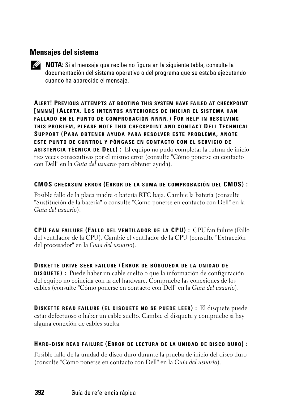 Mensajes del sistema | Dell Precision T3400 (Late 2007) User Manual | Page 392 / 422