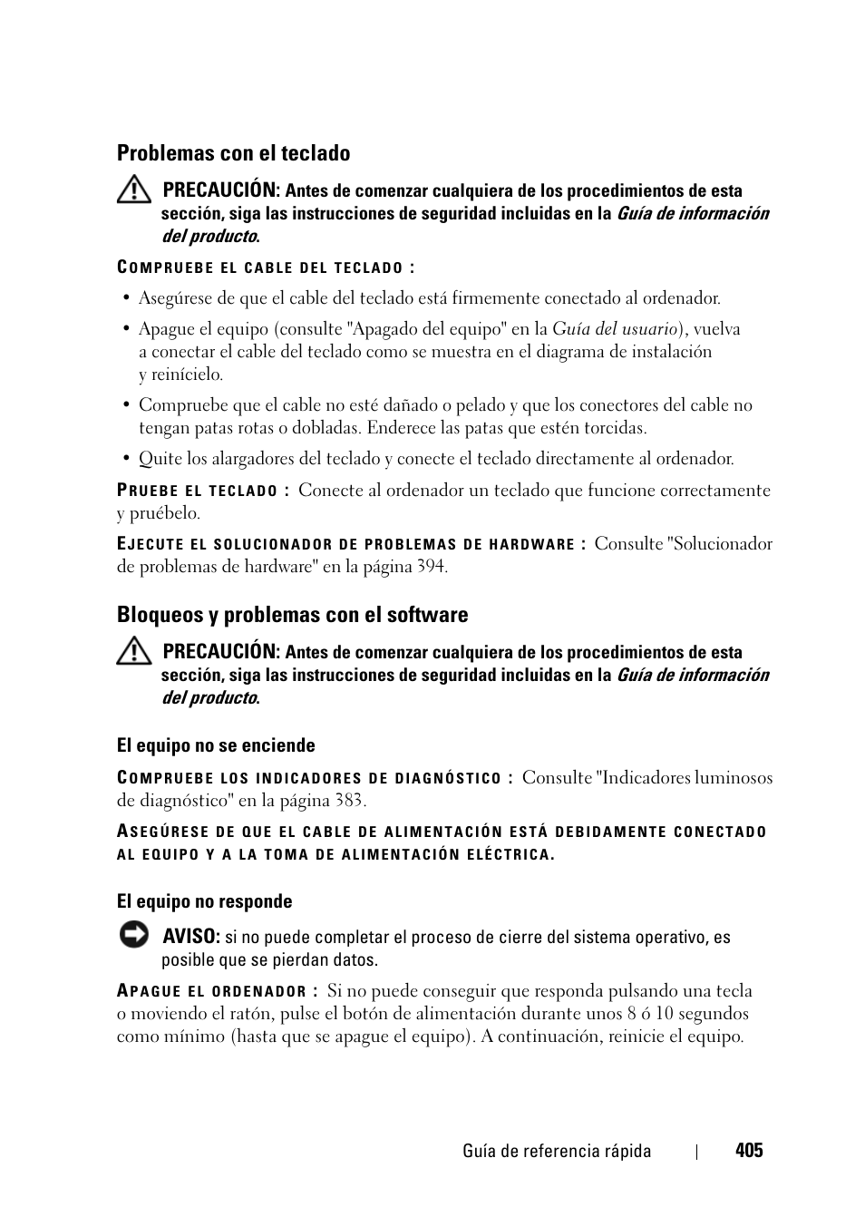 Problemas con el teclado, Bloqueos y problemas con el software | Dell Precision T3400 (Late 2007) User Manual | Page 405 / 422