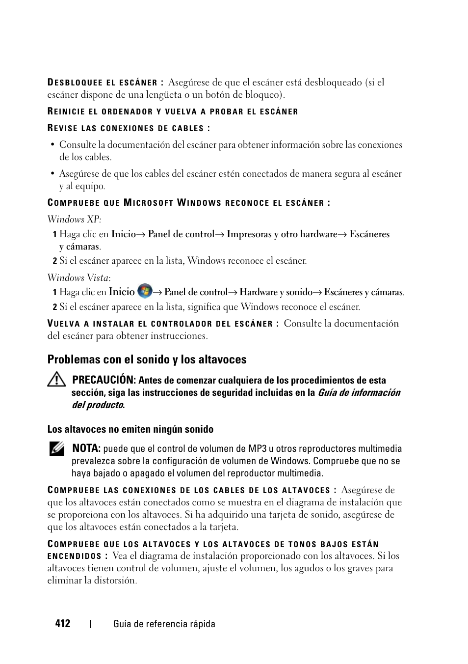 Problemas con el sonido y los altavoces | Dell Precision T3400 (Late 2007) User Manual | Page 412 / 422