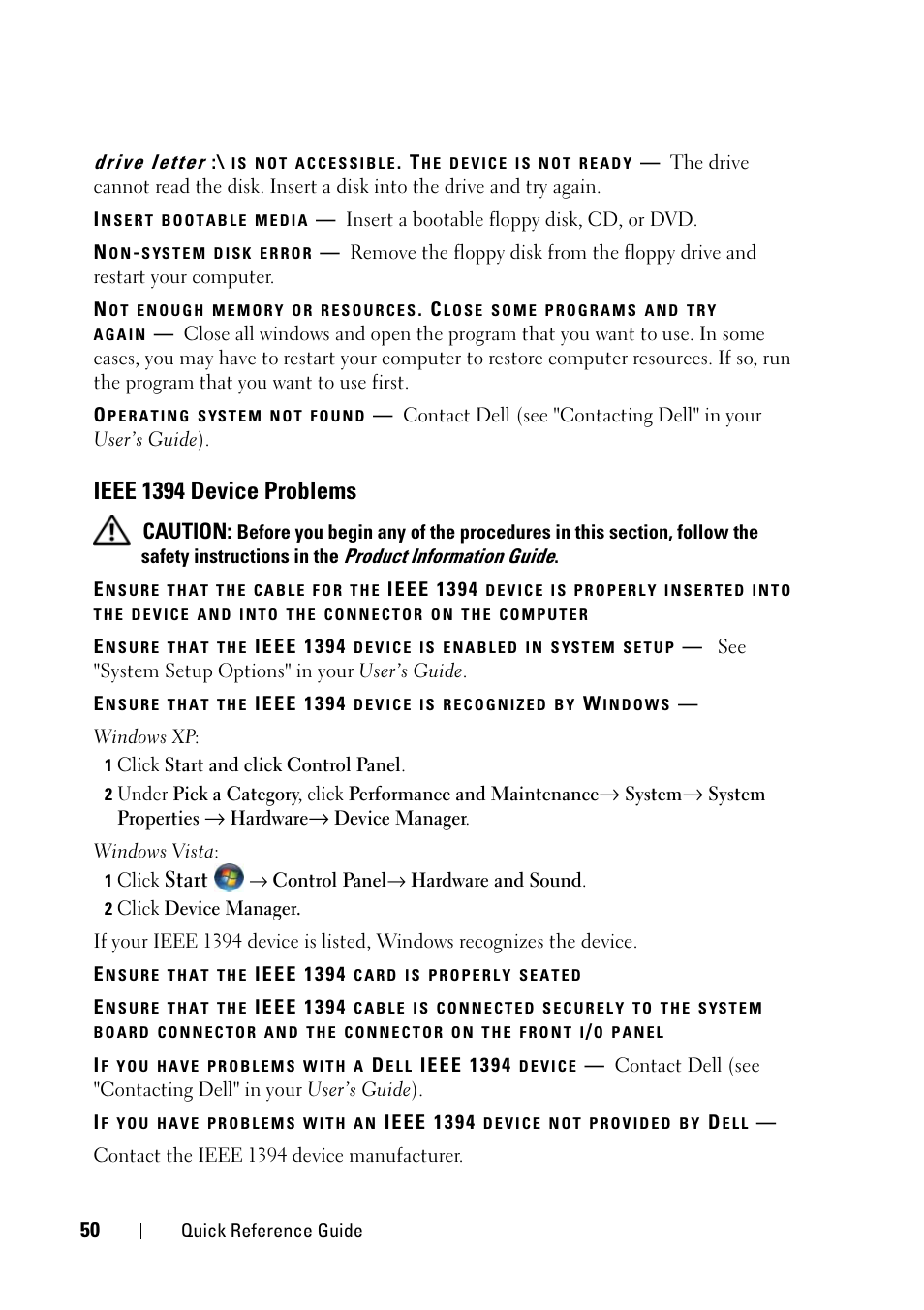 Ieee 1394 device problems | Dell Precision T3400 (Late 2007) User Manual | Page 50 / 422