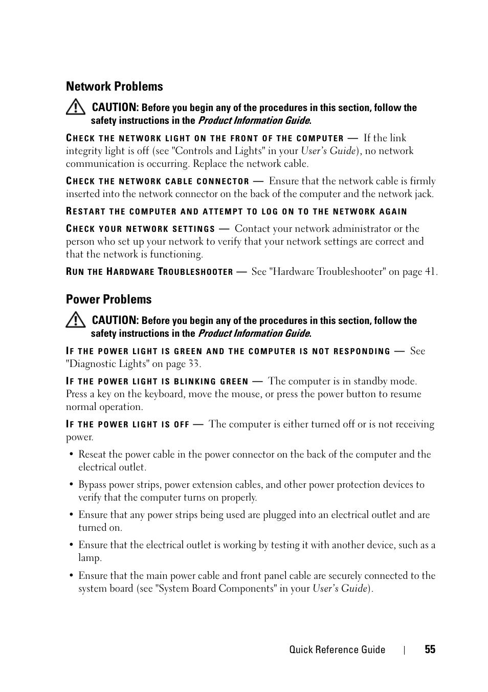 Network problems, Power problems | Dell Precision T3400 (Late 2007) User Manual | Page 55 / 422