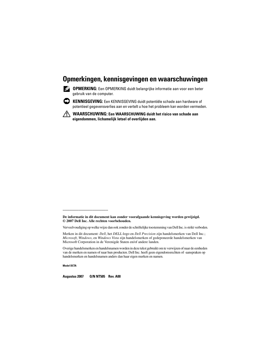 Opmerkingen, kennisgevingen en waarschuwingen | Dell Precision T3400 (Late 2007) User Manual | Page 68 / 422