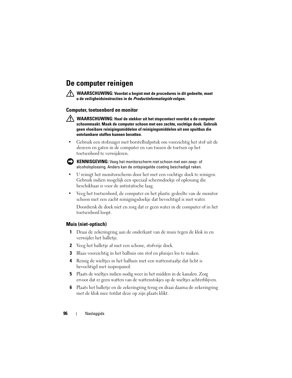 De computer reinigen, Computer, toetsenbord en monitor, Muis (niet-optisch) | Dell Precision T3400 (Late 2007) User Manual | Page 96 / 422