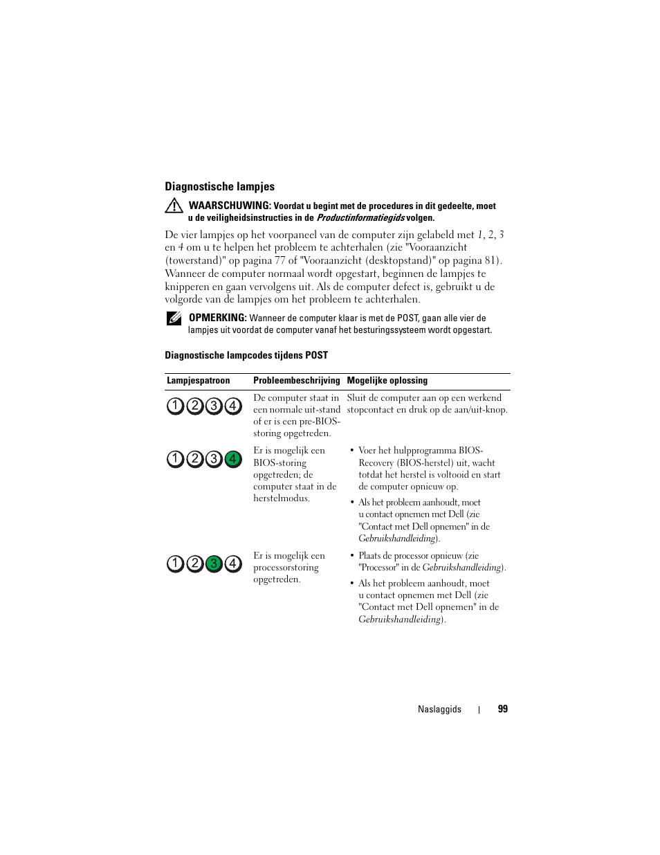 Diagnostische lampjes | Dell Precision T3400 (Late 2007) User Manual | Page 99 / 422