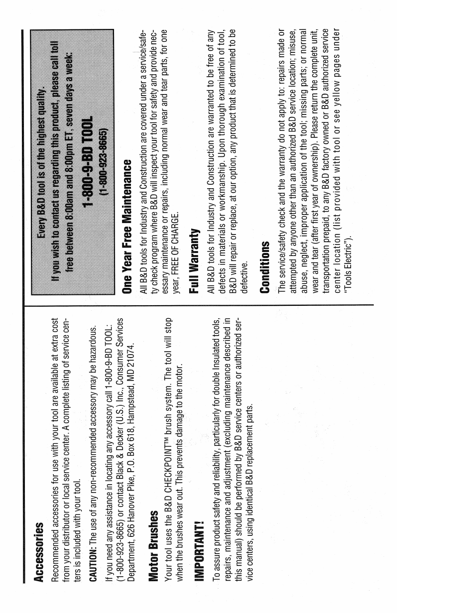 Accessories, Motor brushes, One year free maintenance | Full warranty, Conditions, Important | Black & Decker 3382 User Manual | Page 15 / 20