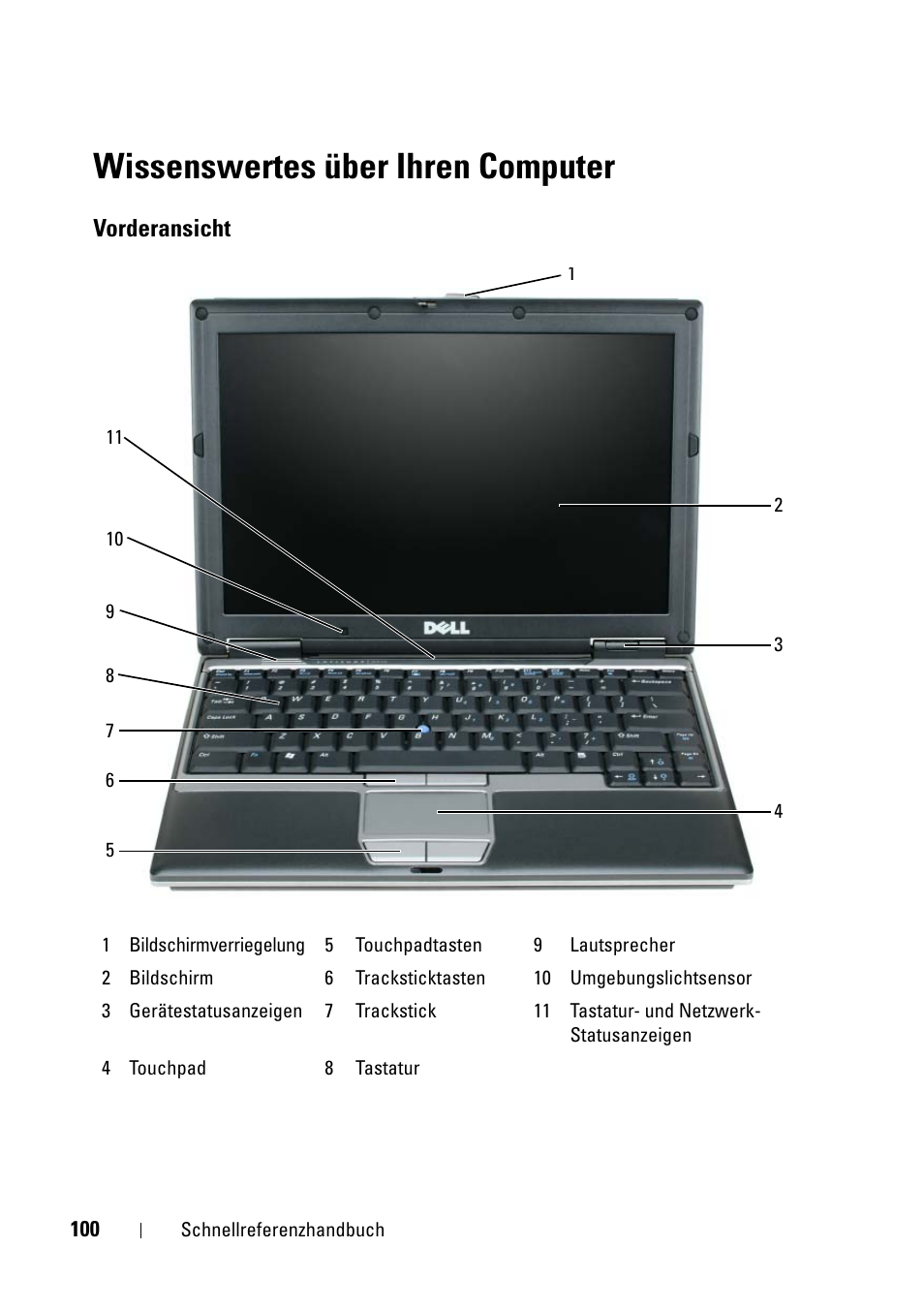 Wissenswertes über ihren computer, Vorderansicht | Dell Latitude D430 (Mid 2007) User Manual | Page 100 / 176