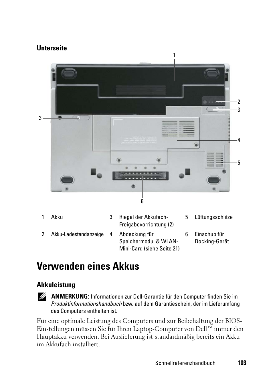 Unterseite, Verwenden eines akkus, Akkuleistung | Dell Latitude D430 (Mid 2007) User Manual | Page 103 / 176