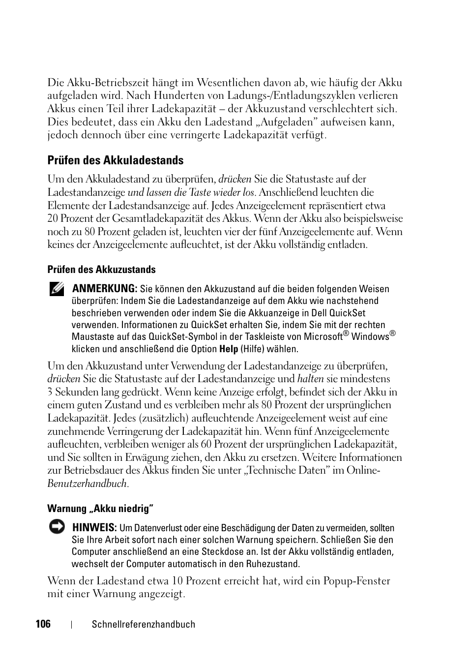 Prüfen des akkuladestands | Dell Latitude D430 (Mid 2007) User Manual | Page 106 / 176