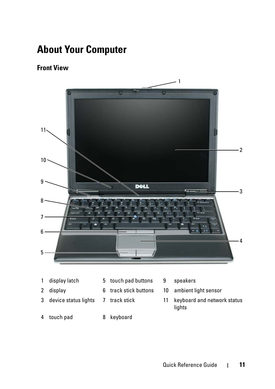 About your computer, Front view | Dell Latitude D430 (Mid 2007) User Manual | Page 11 / 176