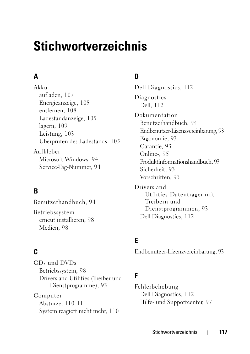 Stichwortverzeichnis | Dell Latitude D430 (Mid 2007) User Manual | Page 117 / 176