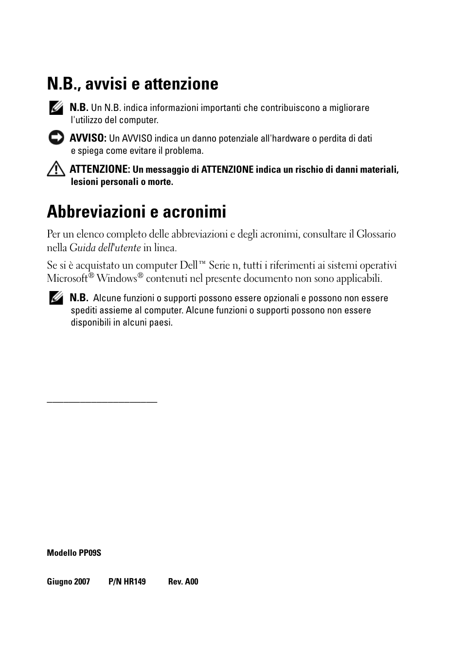 N.b., avvisi e attenzione, Abbreviazioni e acronimi | Dell Latitude D430 (Mid 2007) User Manual | Page 120 / 176