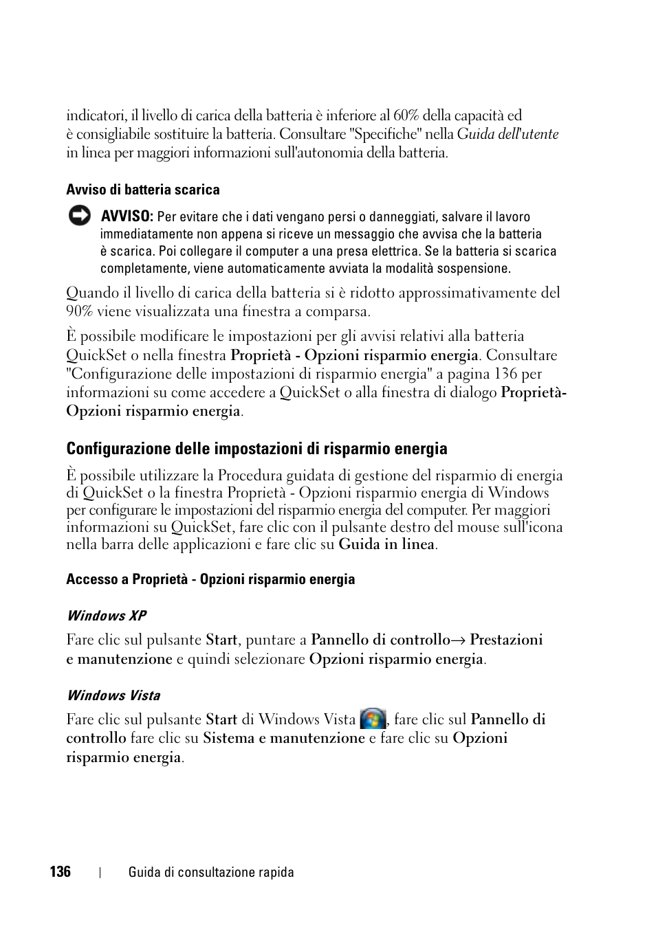 Configurazione delle impostazioni di, Risparmio energia | Dell Latitude D430 (Mid 2007) User Manual | Page 136 / 176