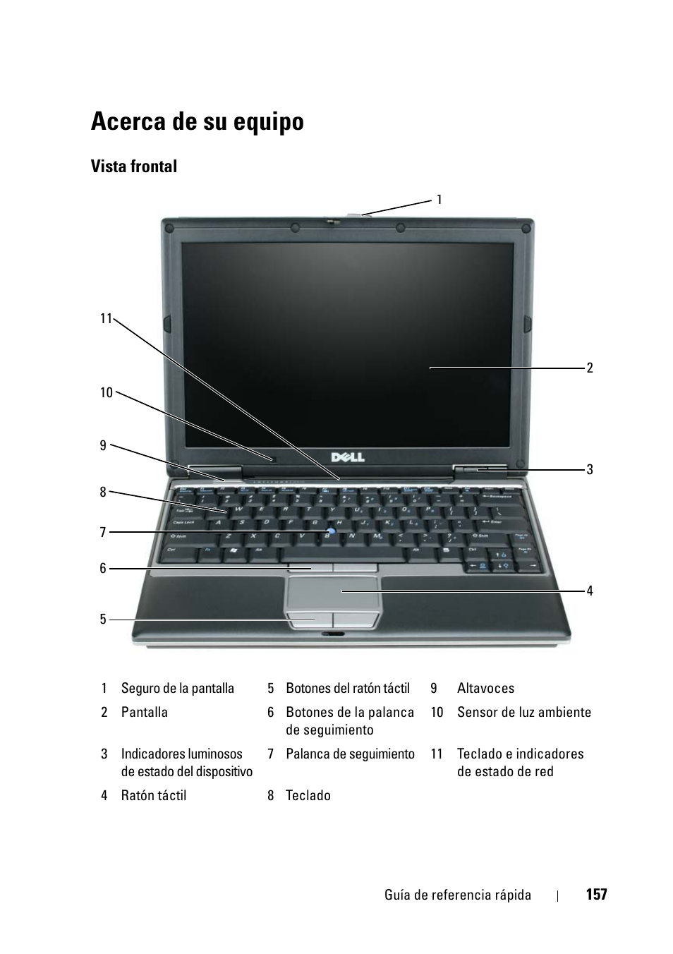 Acerca de su equipo, Vista frontal | Dell Latitude D430 (Mid 2007) User Manual | Page 157 / 176
