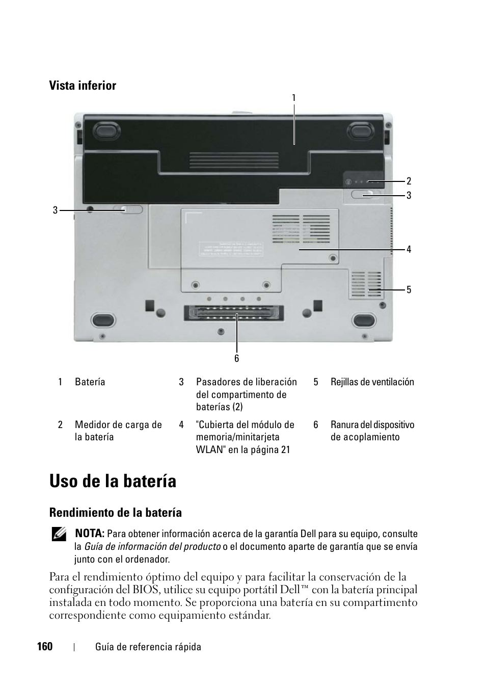 Vista inferior, Uso de la batería, Rendimiento de la batería | Dell Latitude D430 (Mid 2007) User Manual | Page 160 / 176