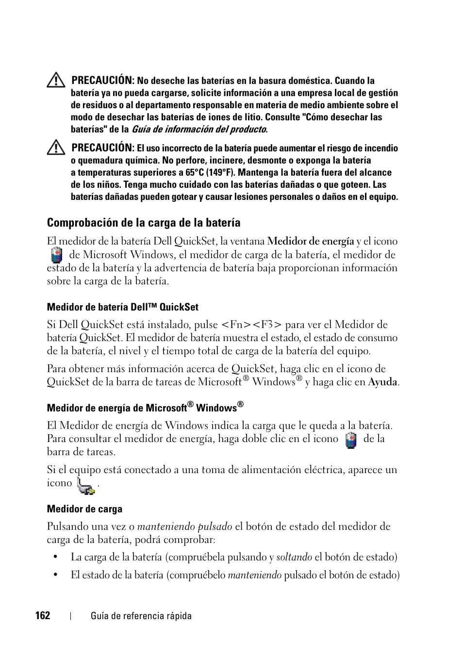 Comprobación de la carga de la batería | Dell Latitude D430 (Mid 2007) User Manual | Page 162 / 176