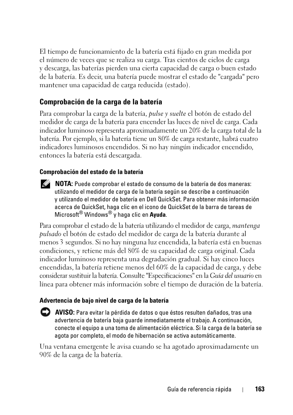 Comprobación de la carga de la batería | Dell Latitude D430 (Mid 2007) User Manual | Page 163 / 176