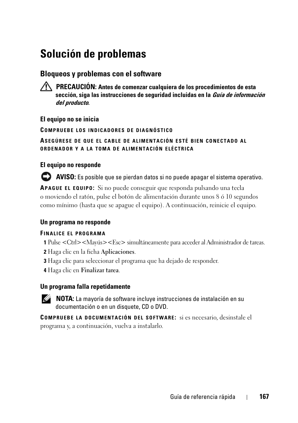 Solución de problemas, Bloqueos y problemas con el software | Dell Latitude D430 (Mid 2007) User Manual | Page 167 / 176