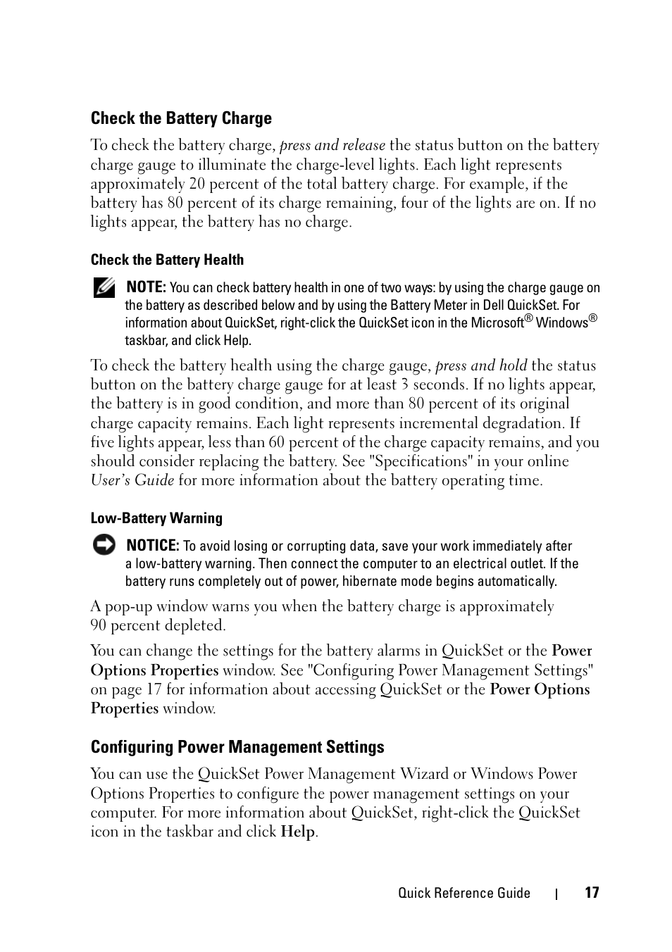 Check the battery charge, Configuring power management settings | Dell Latitude D430 (Mid 2007) User Manual | Page 17 / 176