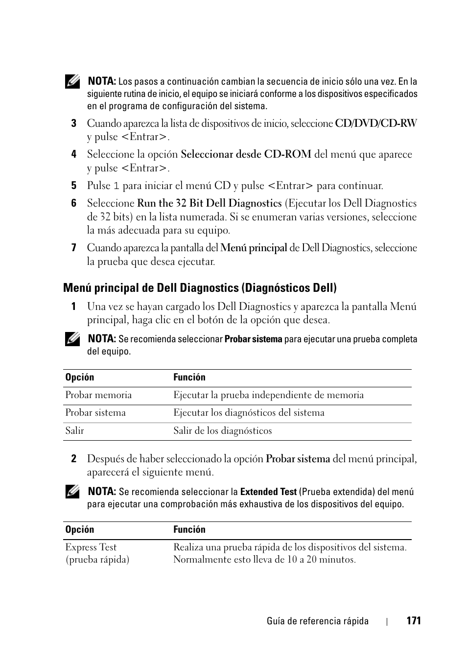 Menú principal de dell diagnostics, Diagnósticos dell) | Dell Latitude D430 (Mid 2007) User Manual | Page 171 / 176