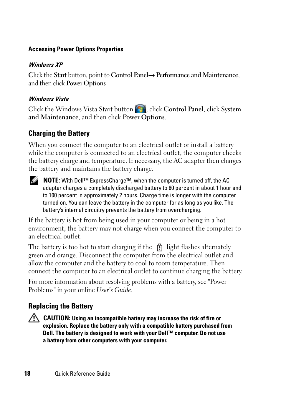 Charging the battery, Replacing the battery | Dell Latitude D430 (Mid 2007) User Manual | Page 18 / 176