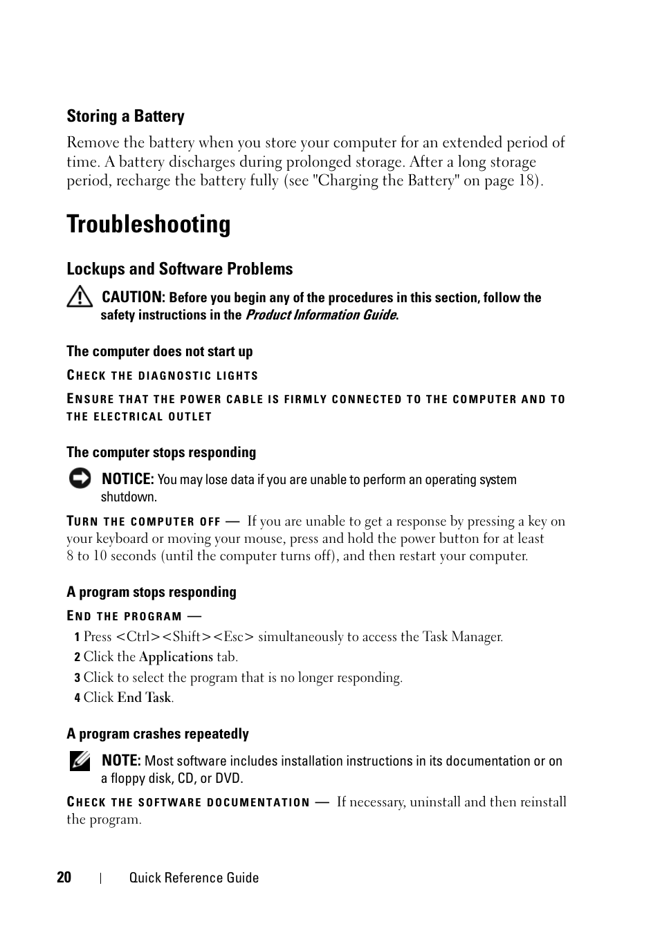 Storing a battery, Troubleshooting, Lockups and software problems | Dell Latitude D430 (Mid 2007) User Manual | Page 20 / 176