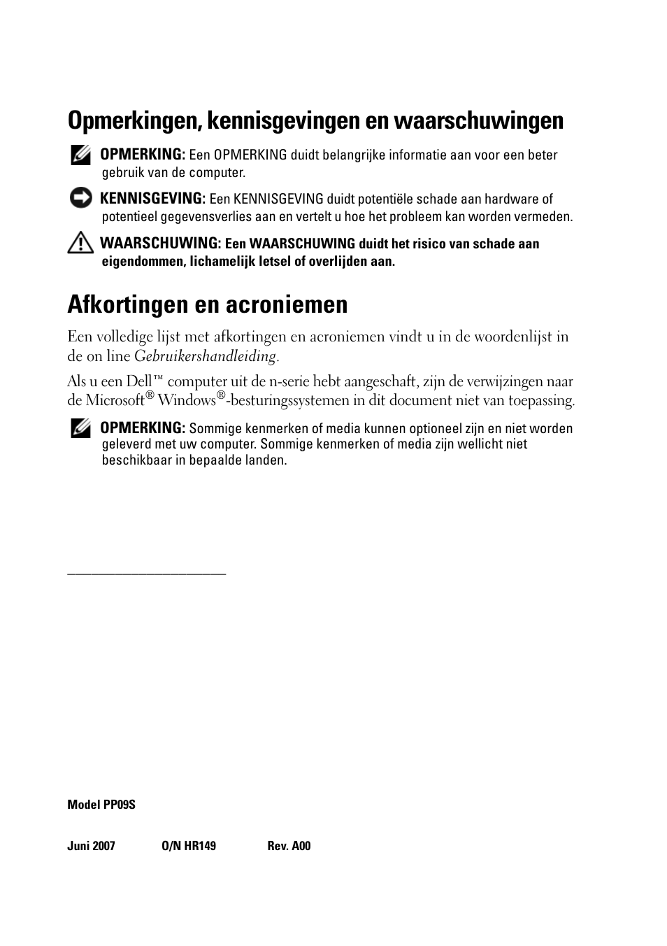 Opmerkingen, kennisgevingen en waarschuwingen, Afkortingen en acroniemen | Dell Latitude D430 (Mid 2007) User Manual | Page 30 / 176