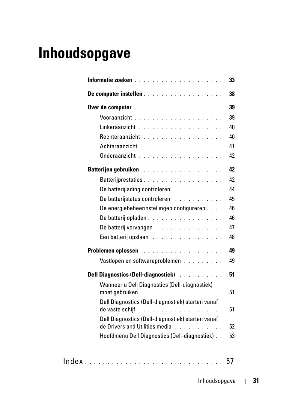 Inhoudsopgave, Index | Dell Latitude D430 (Mid 2007) User Manual | Page 31 / 176