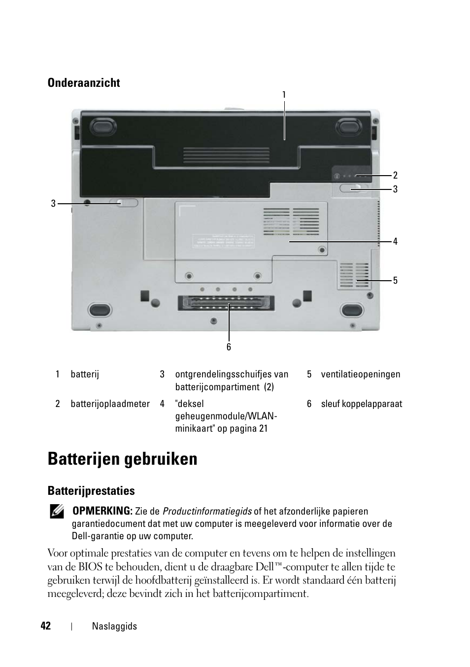 Onderaanzicht, Batterijen gebruiken, Batterijprestaties | Dell Latitude D430 (Mid 2007) User Manual | Page 42 / 176