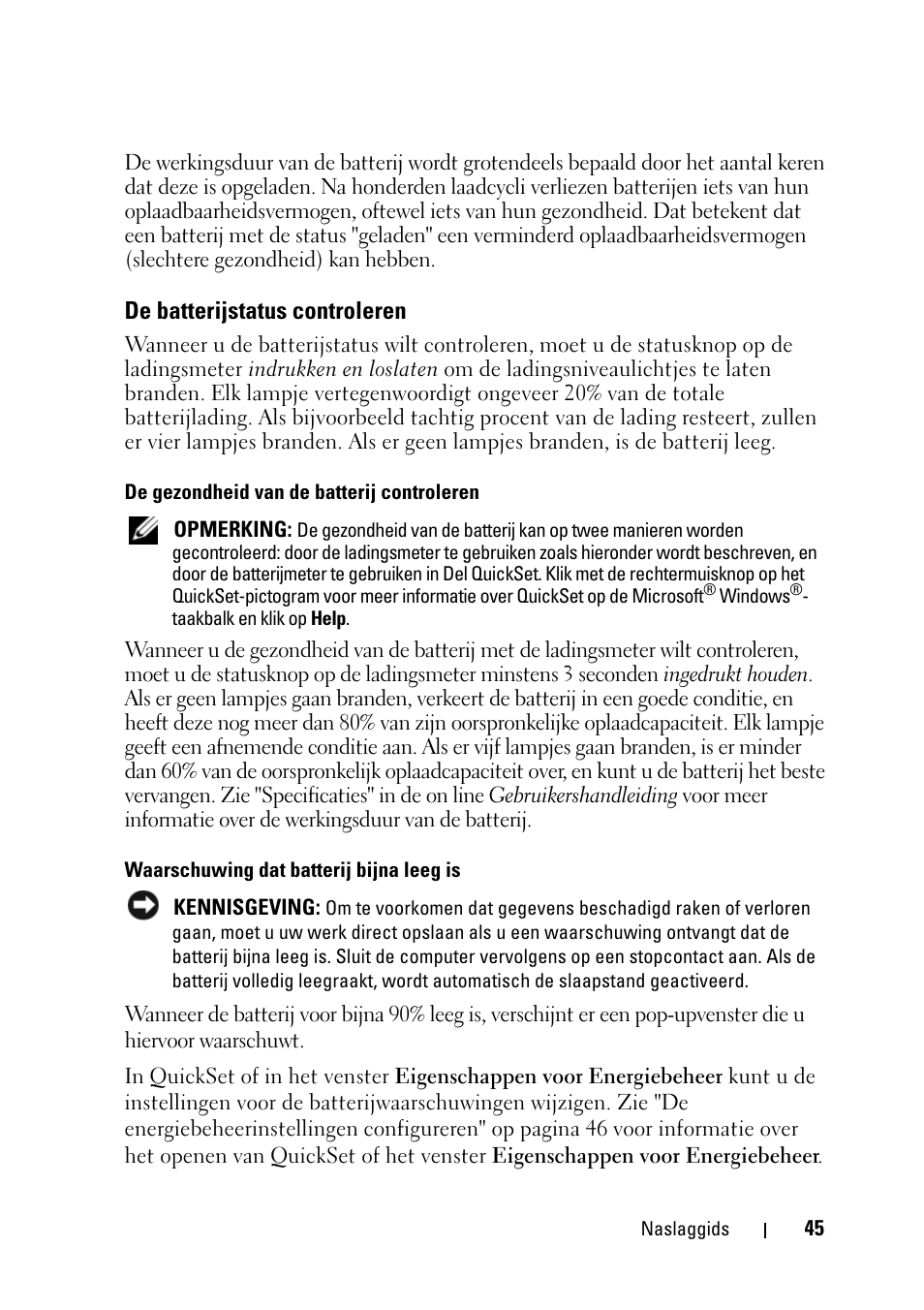 De batterijstatus controleren | Dell Latitude D430 (Mid 2007) User Manual | Page 45 / 176
