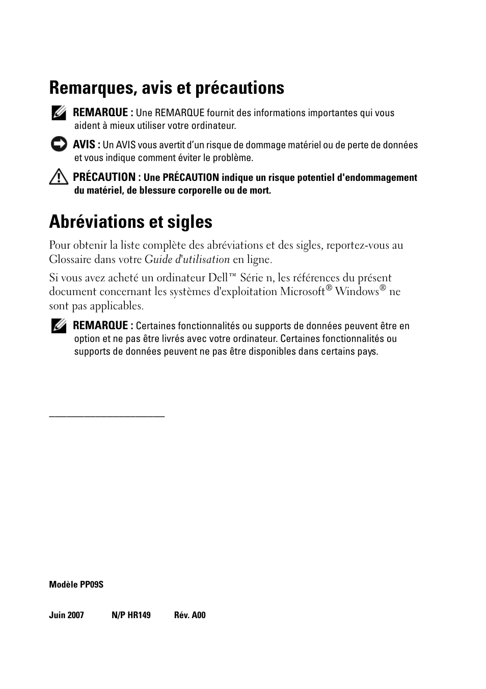 Remarques, avis et précautions, Abréviations et sigles | Dell Latitude D430 (Mid 2007) User Manual | Page 60 / 176