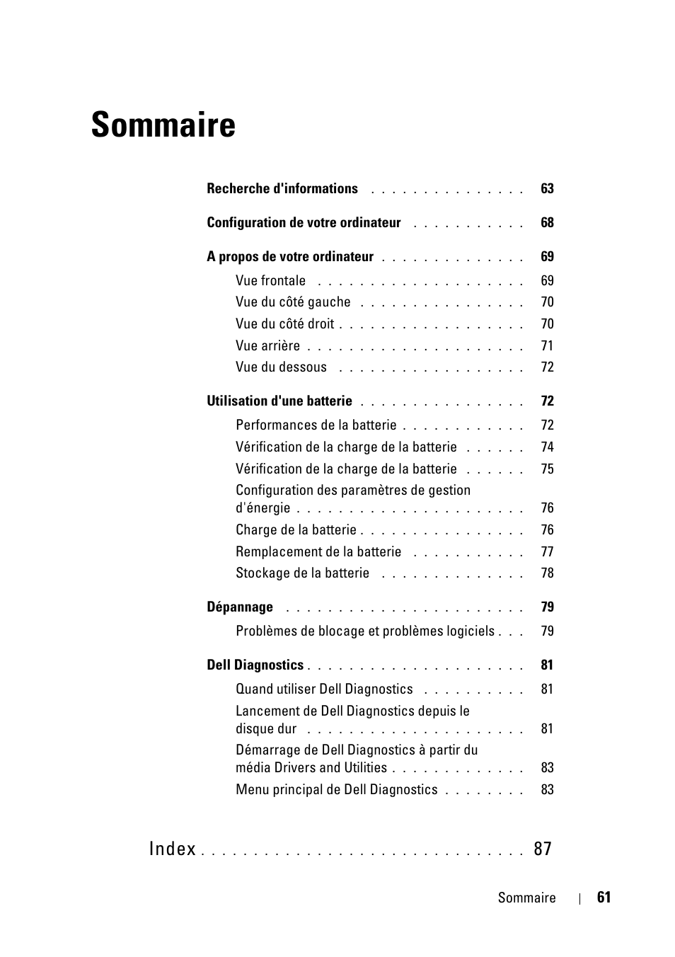 Sommaire, Index | Dell Latitude D430 (Mid 2007) User Manual | Page 61 / 176