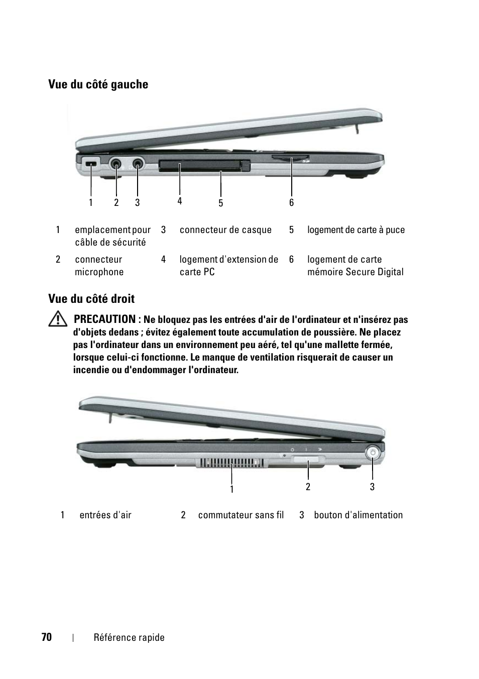 Vue du côté gauche, Vue du côté droit, Vue du côté gauche vue du côté droit | Dell Latitude D430 (Mid 2007) User Manual | Page 70 / 176