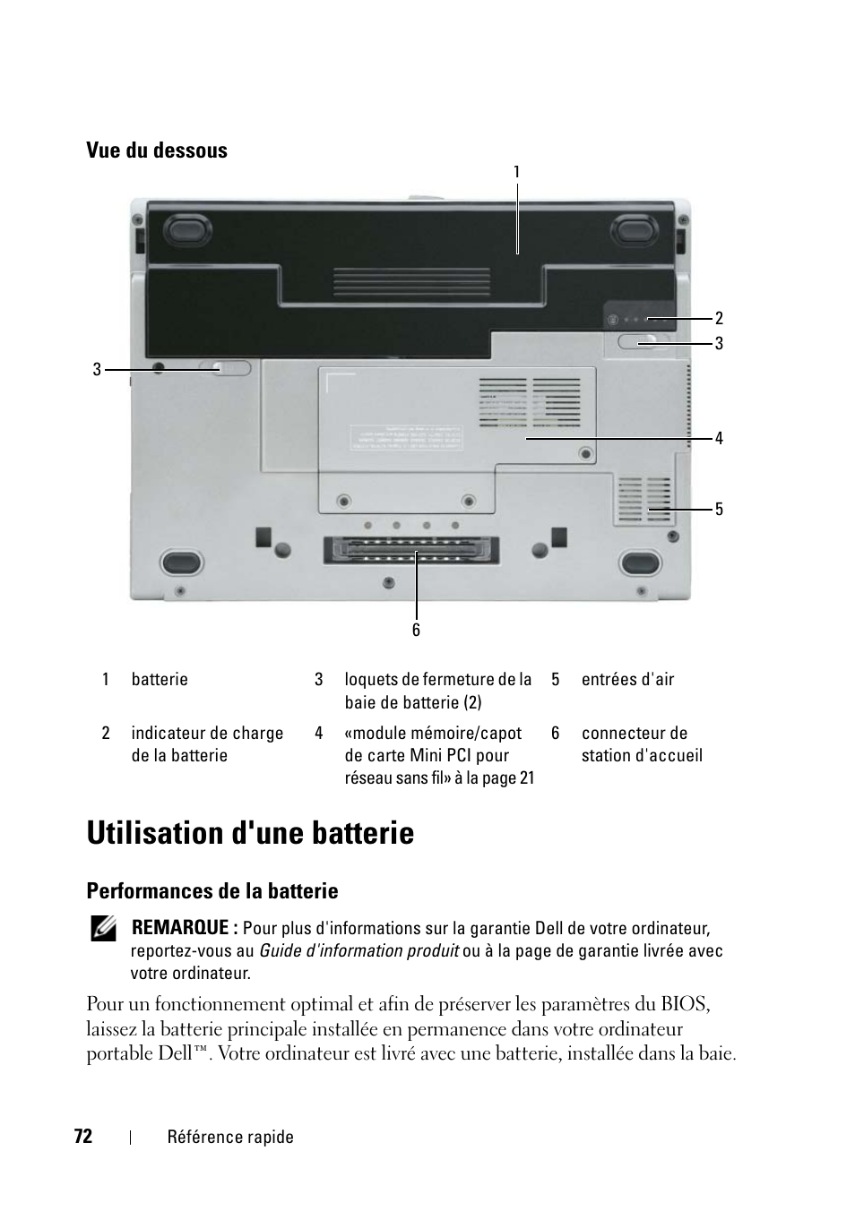 Vue du dessous, Utilisation d'une batterie, Performances de la batterie | Dell Latitude D430 (Mid 2007) User Manual | Page 72 / 176