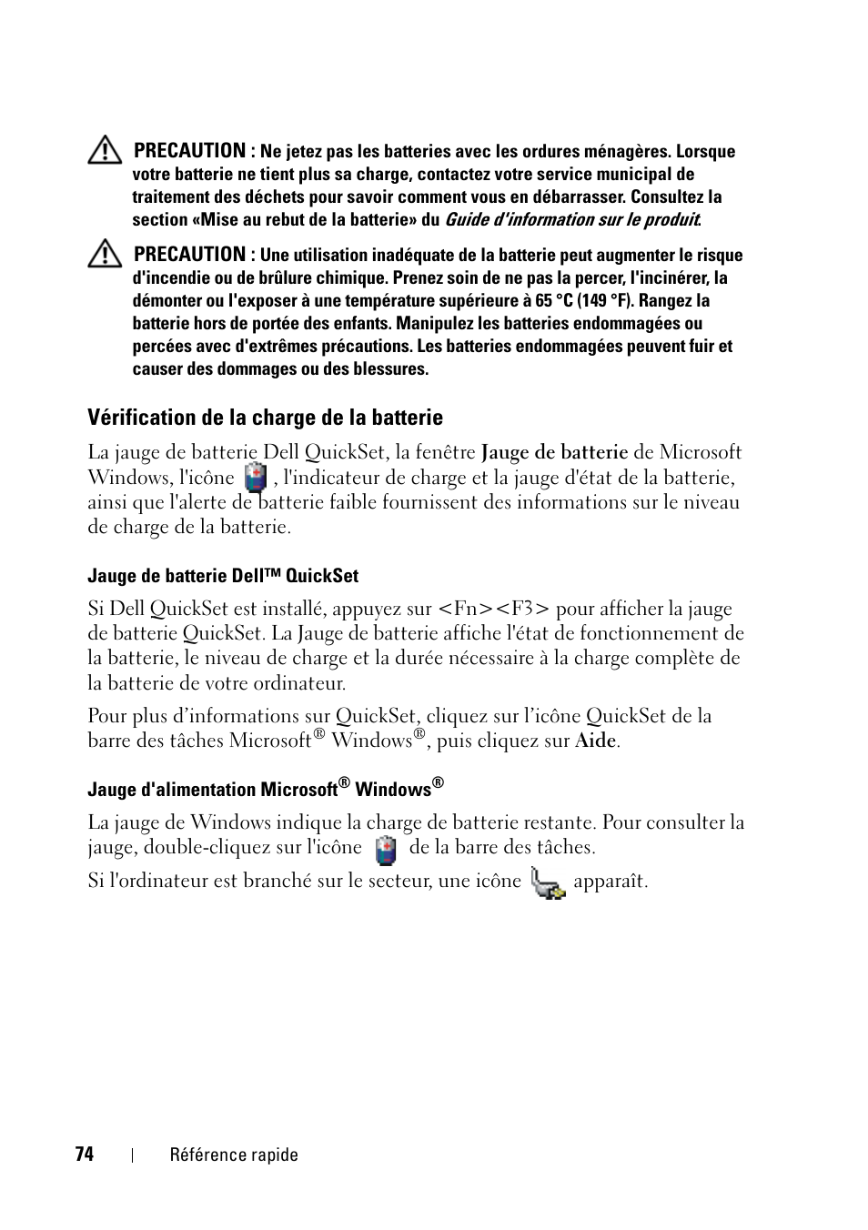 Vérification de la charge de la batterie | Dell Latitude D430 (Mid 2007) User Manual | Page 74 / 176