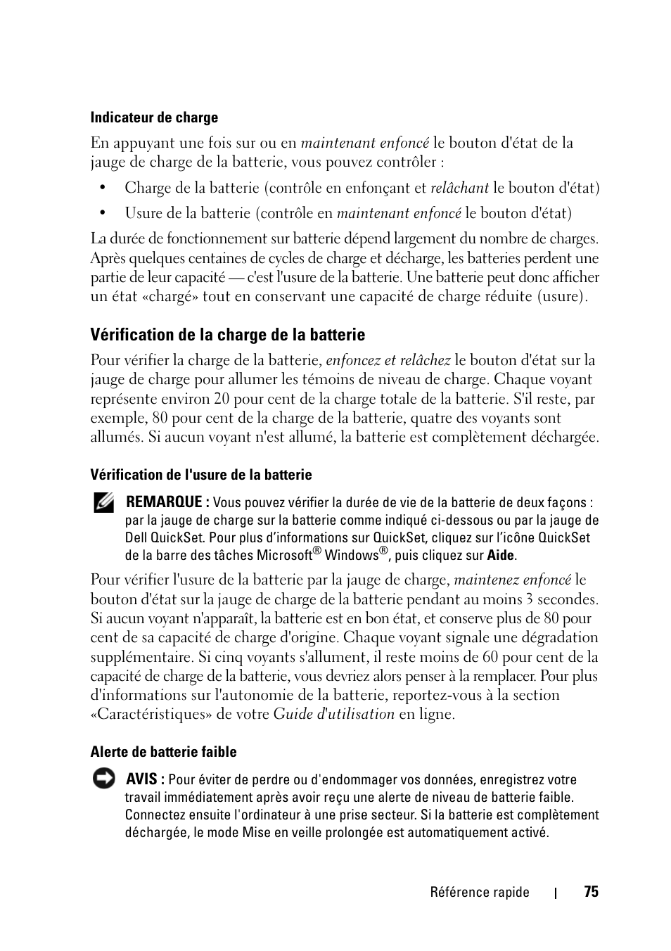 Vérification de la charge de la batterie | Dell Latitude D430 (Mid 2007) User Manual | Page 75 / 176