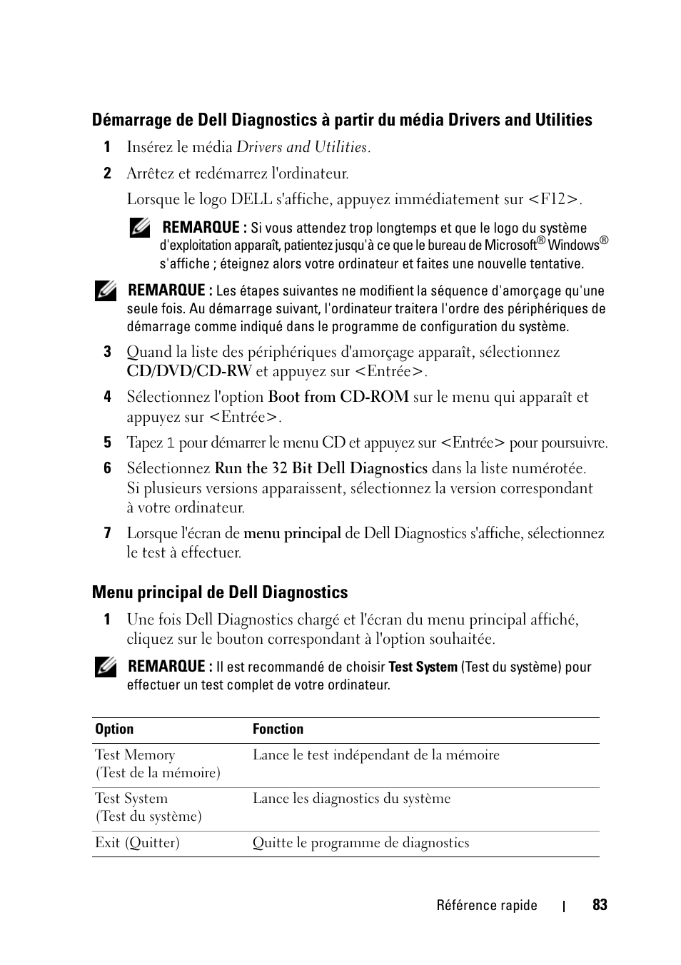 Menu principal de dell diagnostics, Démarrage de dell diagnostics à partir du, Média drivers and utilities | Dell Latitude D430 (Mid 2007) User Manual | Page 83 / 176