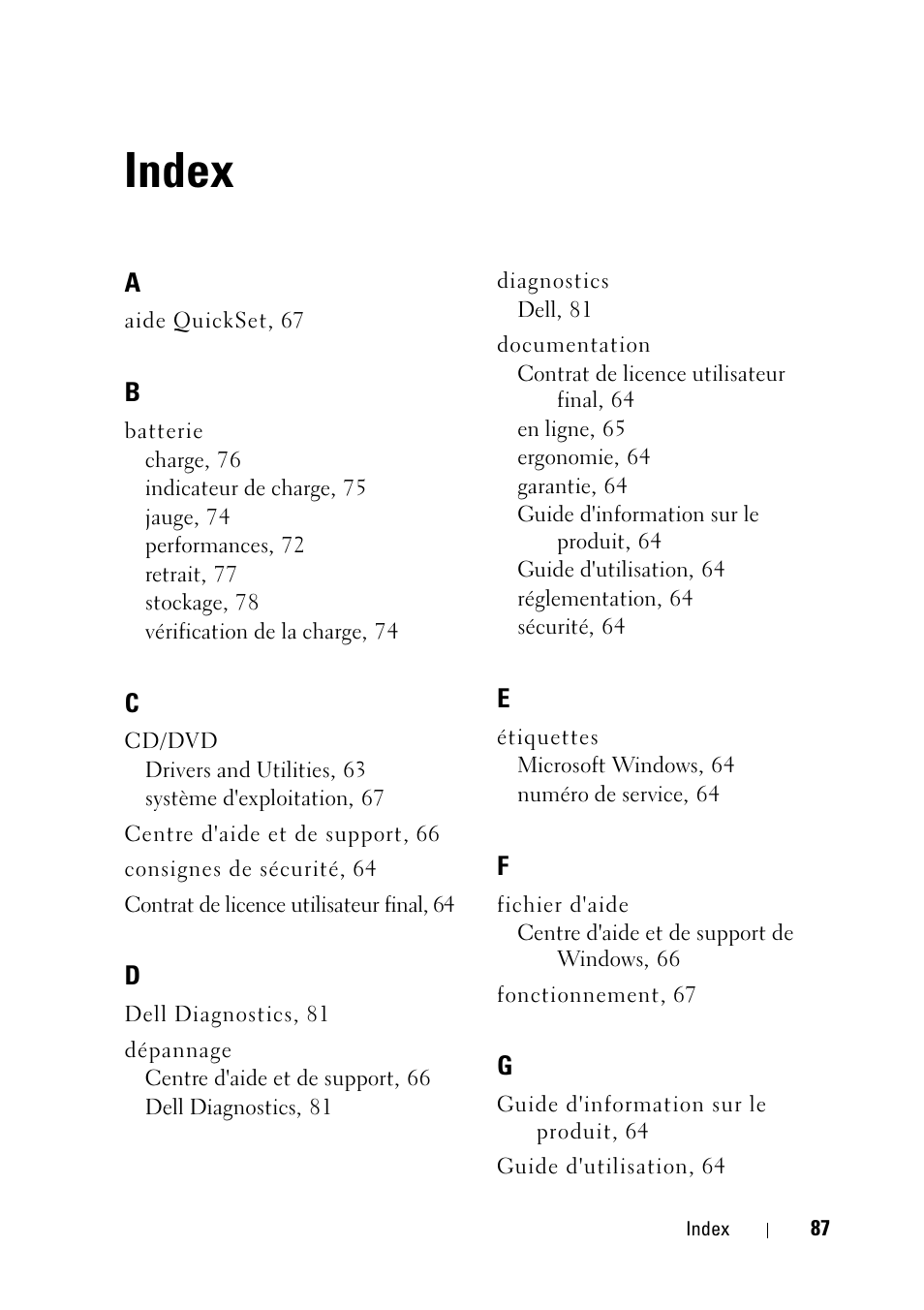 Index | Dell Latitude D430 (Mid 2007) User Manual | Page 87 / 176