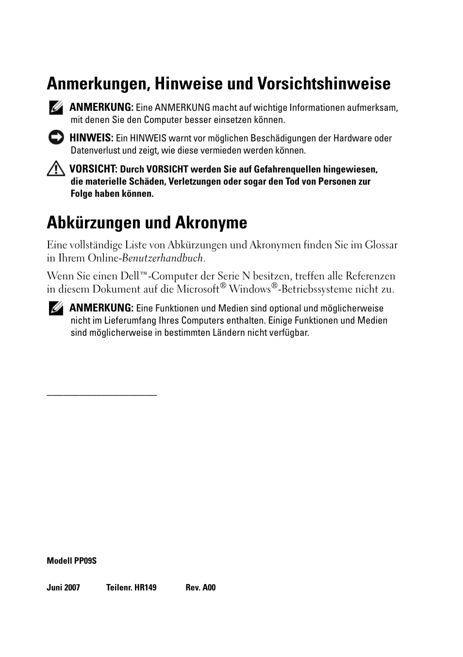 Anmerkungen, hinweise und vorsichtshinweise, Abkürzungen und akronyme | Dell Latitude D430 (Mid 2007) User Manual | Page 90 / 176