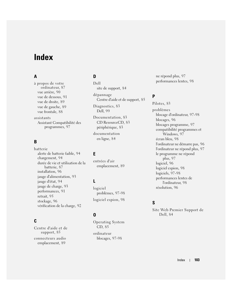 Index | Dell Precision M70 User Manual | Page 103 / 182