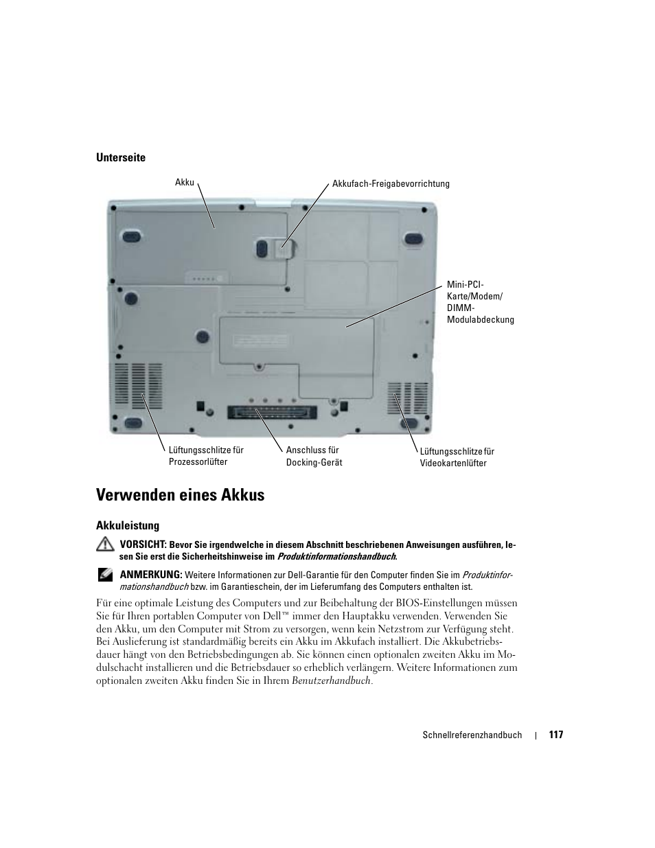 Unterseite, Verwenden eines akkus, Akkuleistung | Dell Precision M70 User Manual | Page 117 / 182