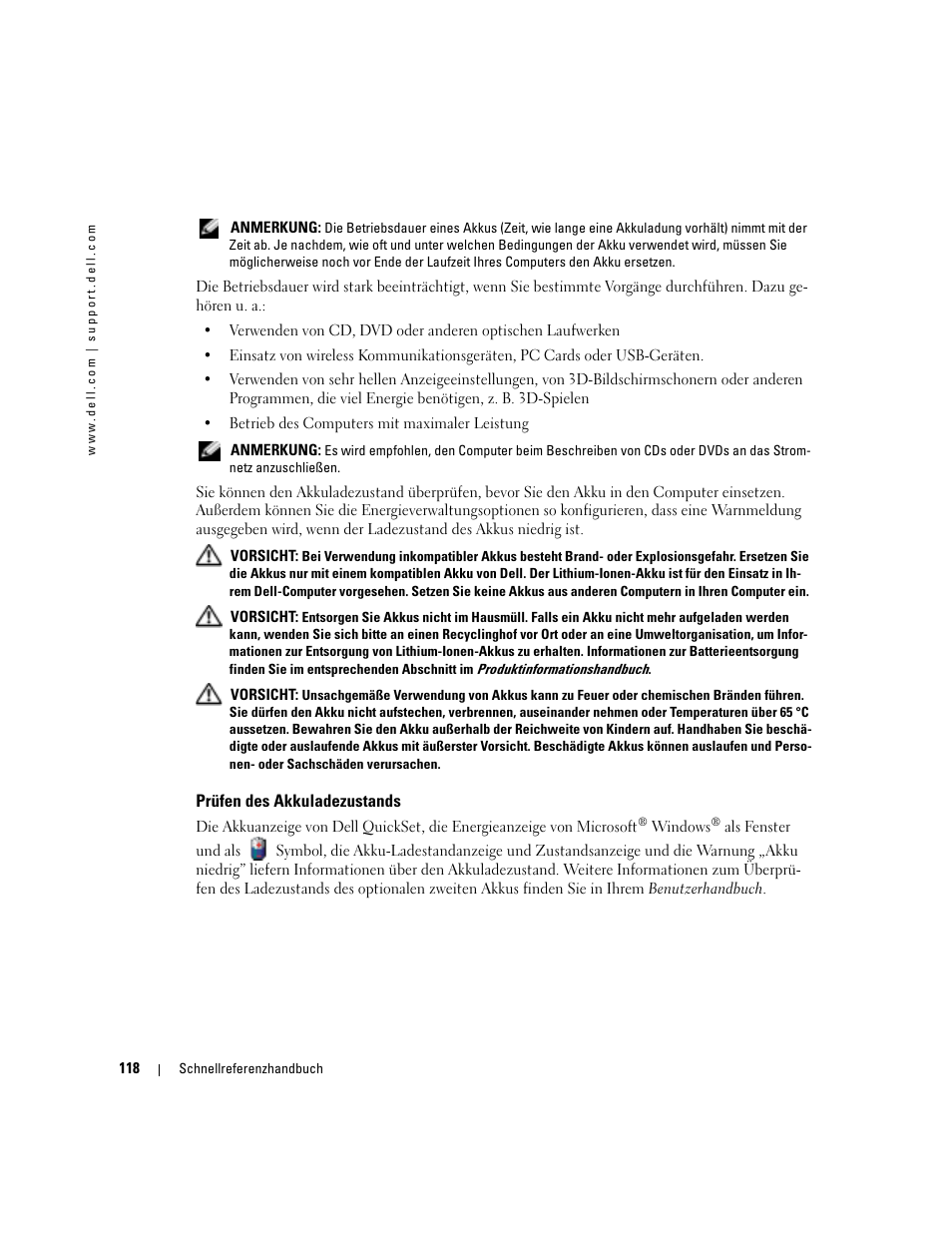 Prüfen des akkuladezustands | Dell Precision M70 User Manual | Page 118 / 182
