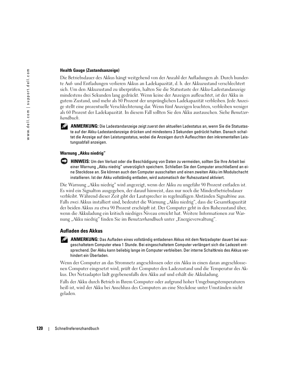 Aufladen des akkus | Dell Precision M70 User Manual | Page 120 / 182