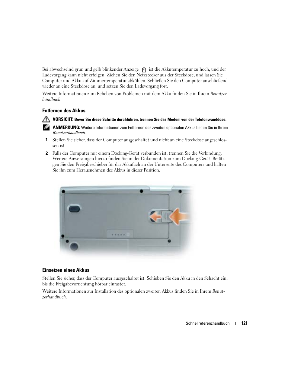 Entfernen des akkus, Einsetzen eines akkus | Dell Precision M70 User Manual | Page 121 / 182