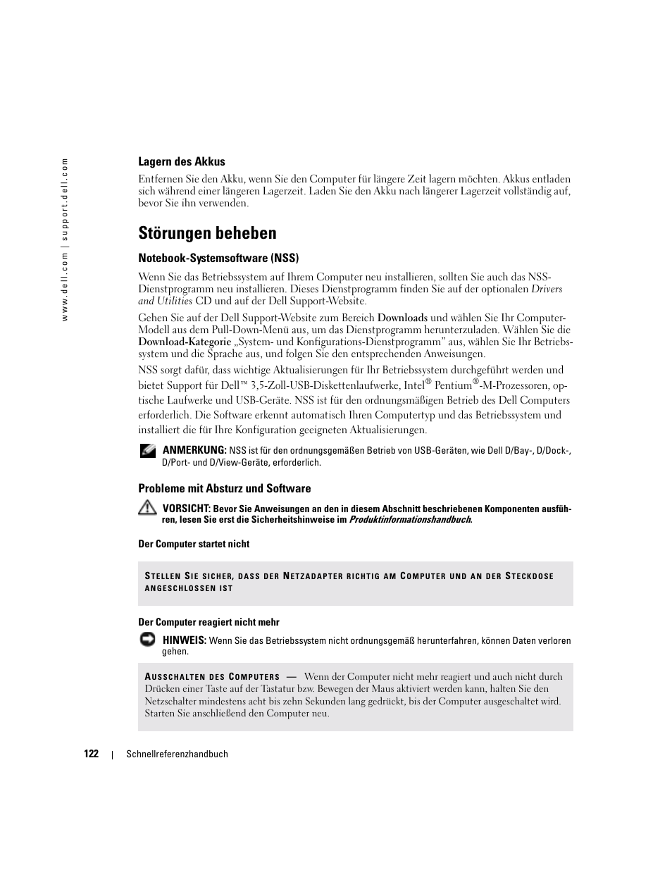 Lagern des akkus, Störungen beheben, Notebook-systemsoftware (nss) | Probleme mit absturz und software | Dell Precision M70 User Manual | Page 122 / 182