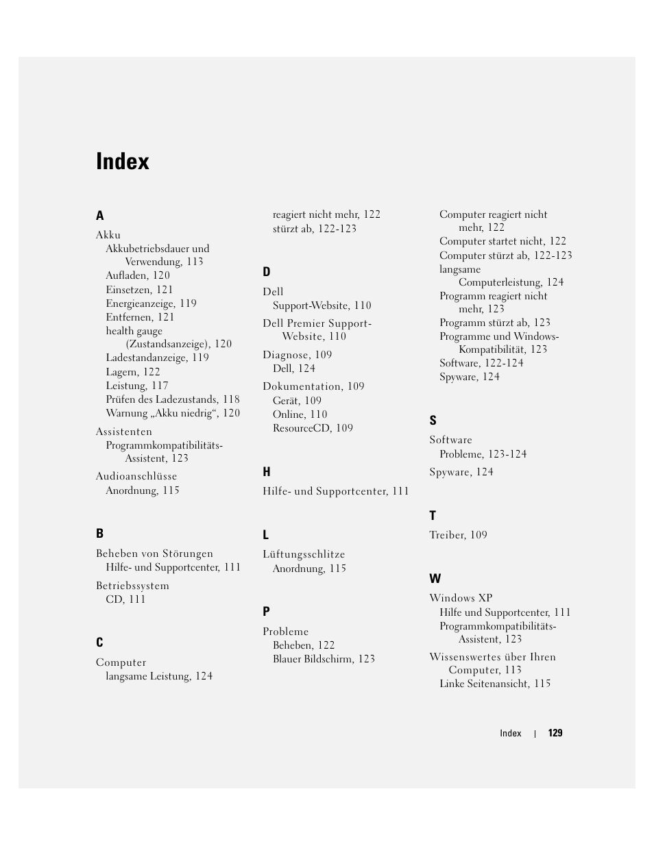 Index | Dell Precision M70 User Manual | Page 129 / 182