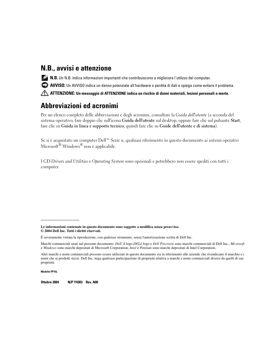 N.b., avvisi e attenzione, Abbreviazioni ed acronimi | Dell Precision M70 User Manual | Page 132 / 182