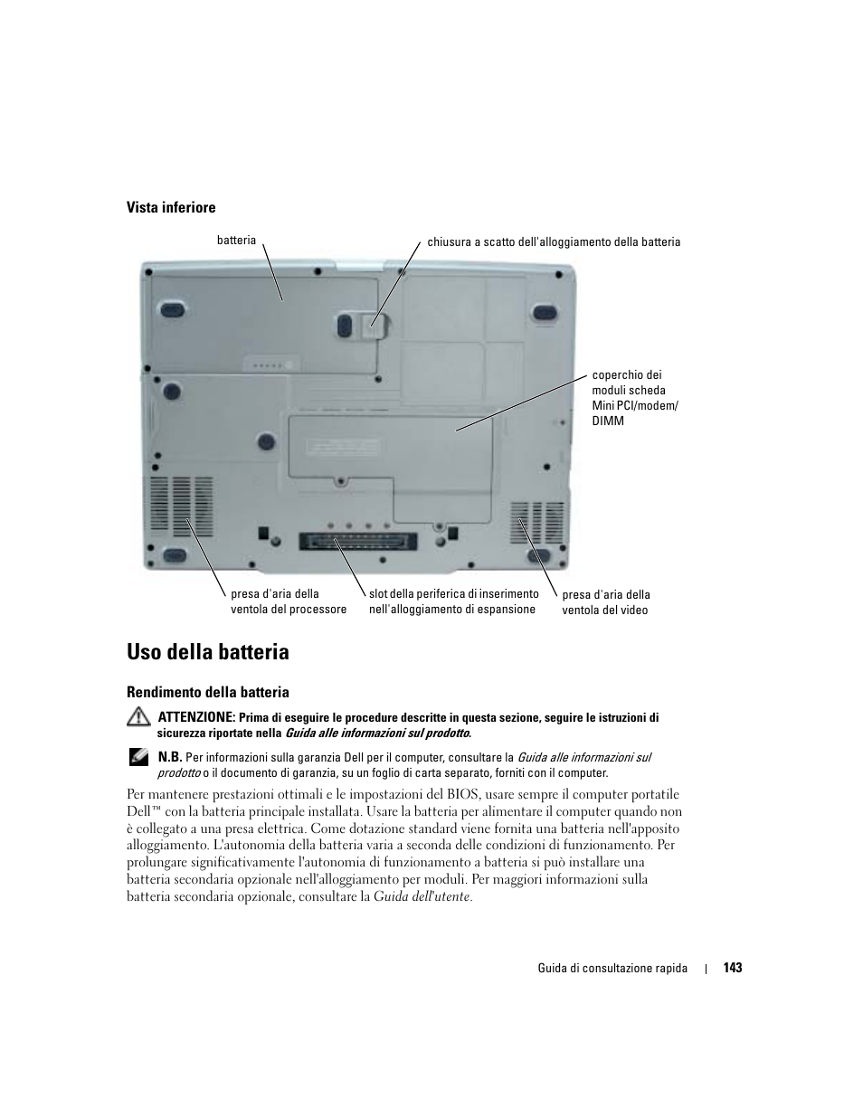 Vista inferiore, Uso della batteria, Rendimento della batteria | Uso di una batteria | Dell Precision M70 User Manual | Page 143 / 182