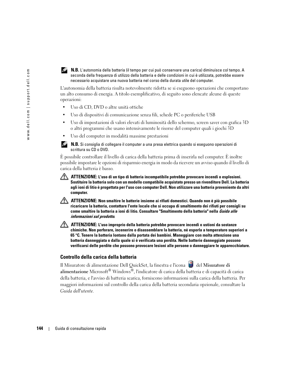 Controllo della carica della batteria | Dell Precision M70 User Manual | Page 144 / 182